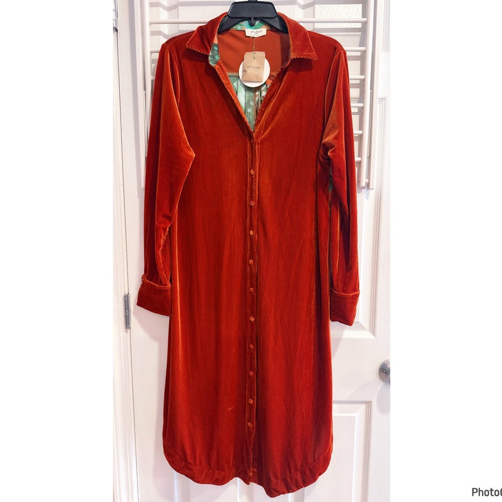 NWT Umgee Rust Corduroy Teal Geometric Button Dress Jacket Long Sleeve Small